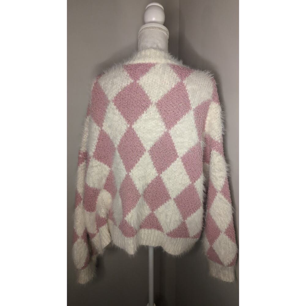 POL Argyle Fuzzy Cardigan Cozy Boutique Soft Girl Sweater Large - Picture 4 of 8